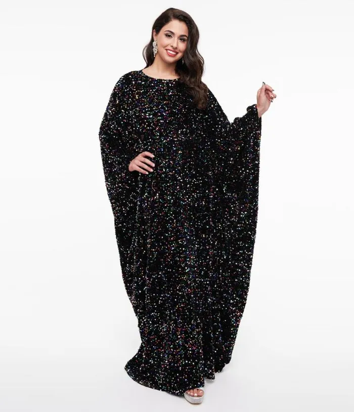 Smak Parlour 1970s Black and Multicolor Sequin Batwing Caftan DressesPlus Unique Vintage Maxi Smak Parlour 1970s Black and Multicolor Sequin Batwing Caftan DressesPlus Unique Vintage Maxi
