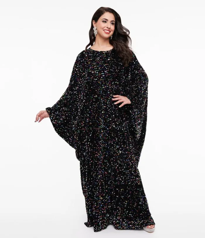 Smak Parlour 1970s Black and Multicolor Sequin Batwing Caftan DressesPlus Unique Vintage Maxi