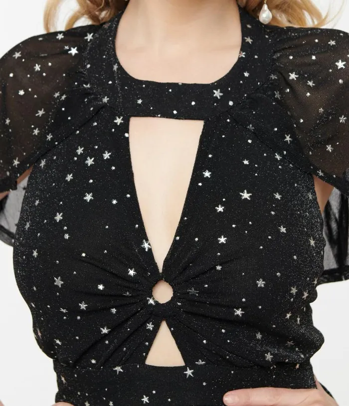 Smak Parlour 1970s Black and Silver Star Cape Maxi Dress Dresses Unique Vintage Maxi
