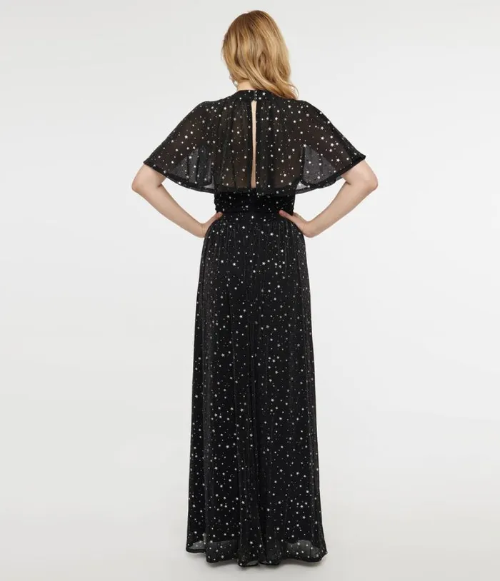 Smak Parlour 1970s Black and Silver Star Cape Maxi Dress Dresses Unique Vintage Maxi