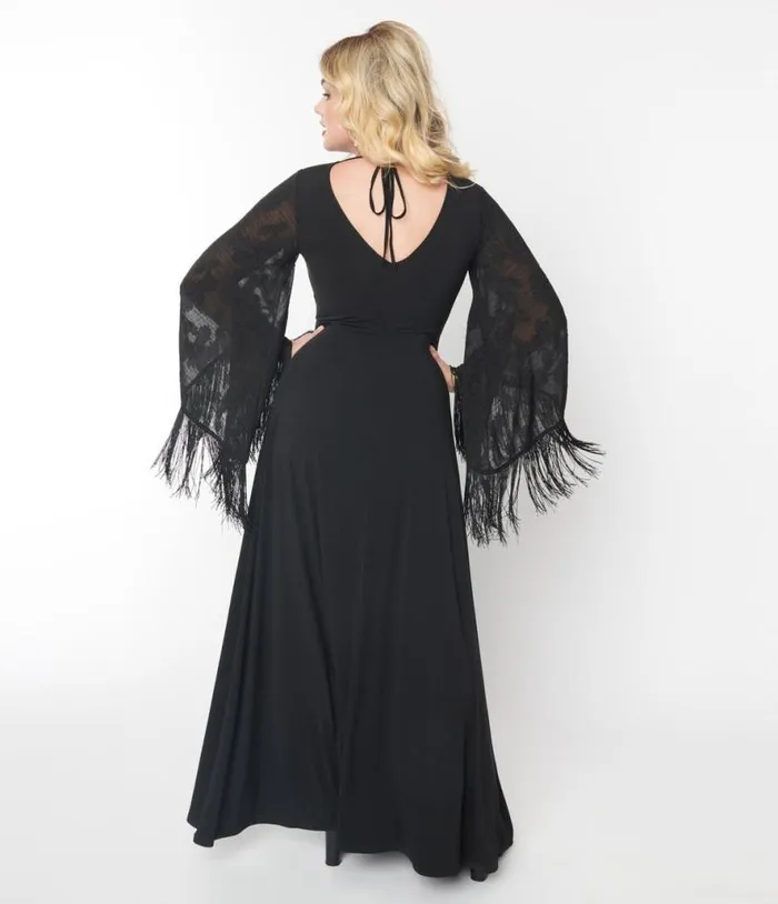 Smak Parlour 1970s Black Floral Fringe Sleeve Maxi Dress DressesPlus Unique Vintage Midi and Maxi