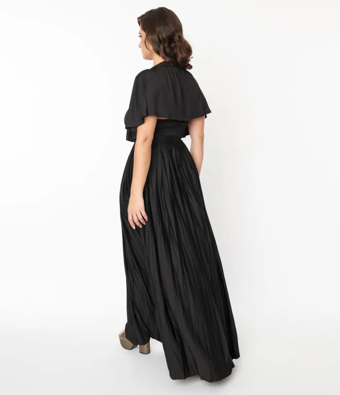 Smak Parlour 1970s Black Pleated Cape Maxi Dress Dresses Unique Vintage Maxi