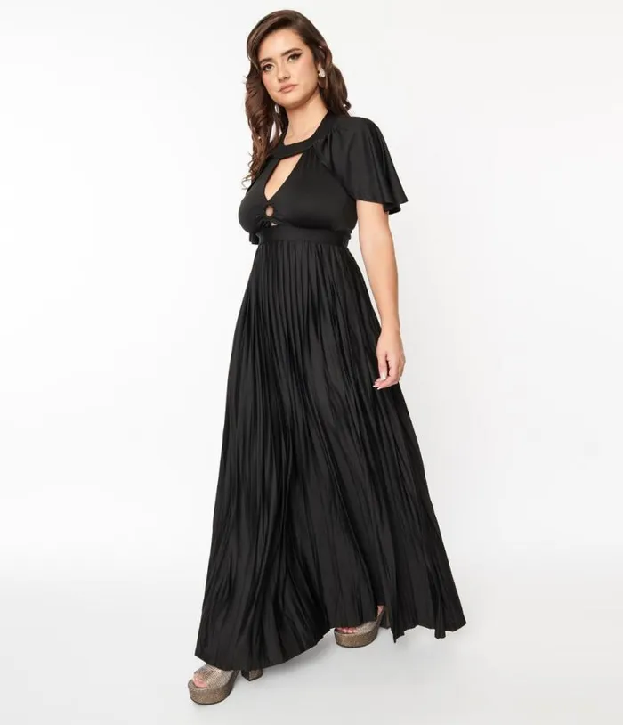 Smak Parlour 1970s Black Pleated Cape Maxi Dress Dresses Unique Vintage Maxi