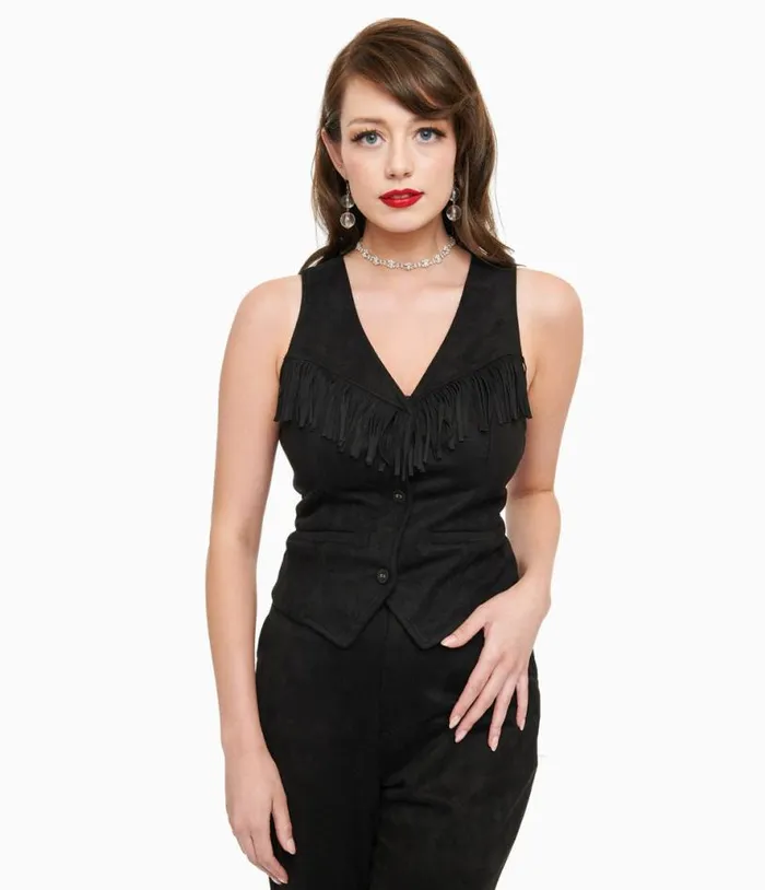 Smak Parlour 1970s Black Suede Fringe Vest Clothing Unique Vintage Blouses