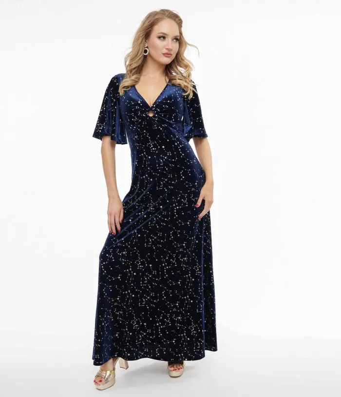 Smak Parlour 1970s Blue Velvet Silver Stars Cutout Maxi Dress Dresses Unique Vintage Maxi