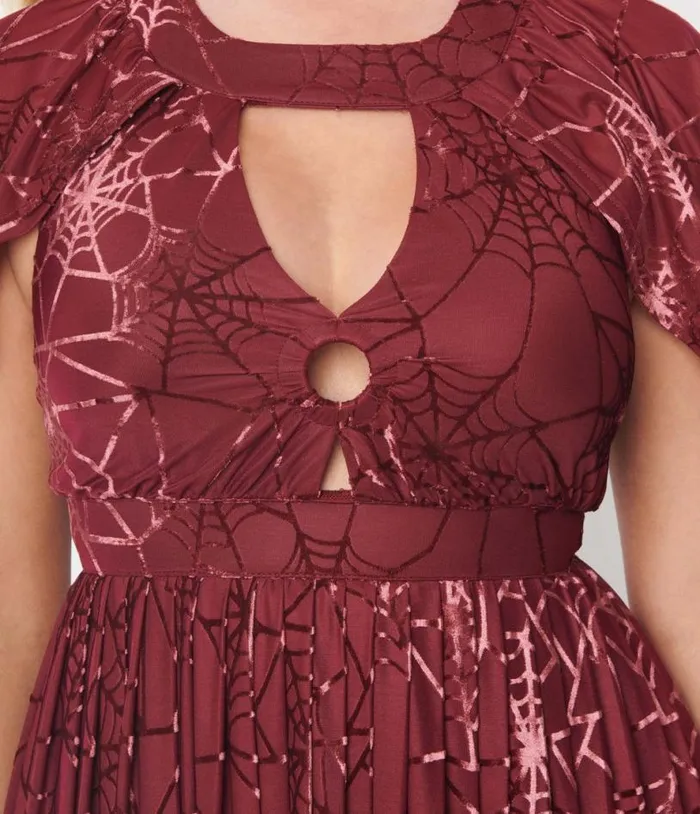 Smak Parlour 1970s Burgundy and Velvet Spiderweb Cape Maxi Dress Halloween Unique Vintage Dresses