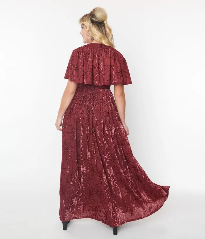 Smak Parlour 1970s Burgundy and Velvet Spiderweb Cape Maxi Dress Halloween Unique Vintage Dresses
