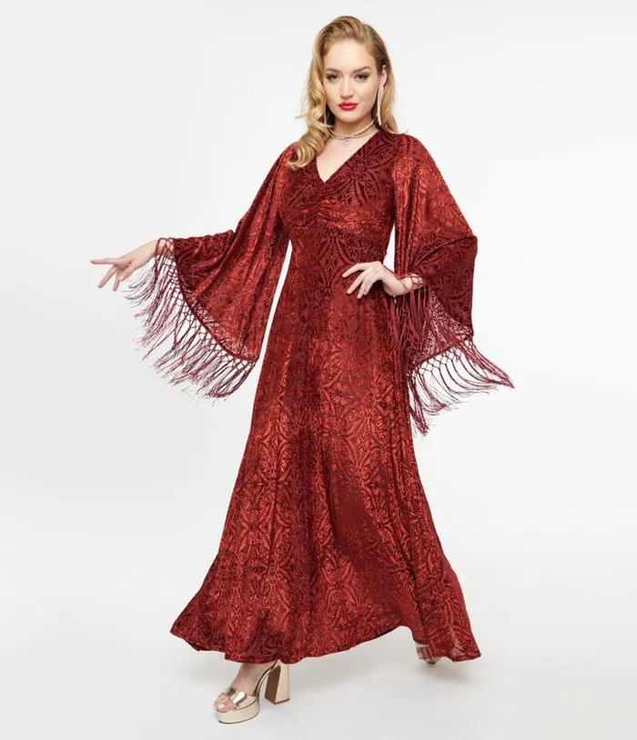 Smak Parlour 1970s Burgundy Velvet Burnout Fringe Sleeve Maxi Dress Dresses Unique Vintage Maxi Smak Parlour 1970s Burgundy Velvet Burnout Fringe Sleeve Maxi Dress Dresses Unique Vintage Maxi