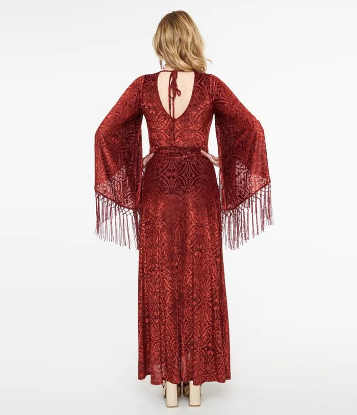 Smak Parlour 1970s Burgundy Velvet Burnout Fringe Sleeve Maxi Dress Dresses Unique Vintage Maxi