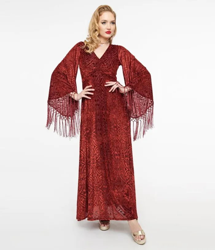 Smak Parlour 1970s Burgundy Velvet Burnout Fringe Sleeve Maxi Dress Dresses Unique Vintage Maxi