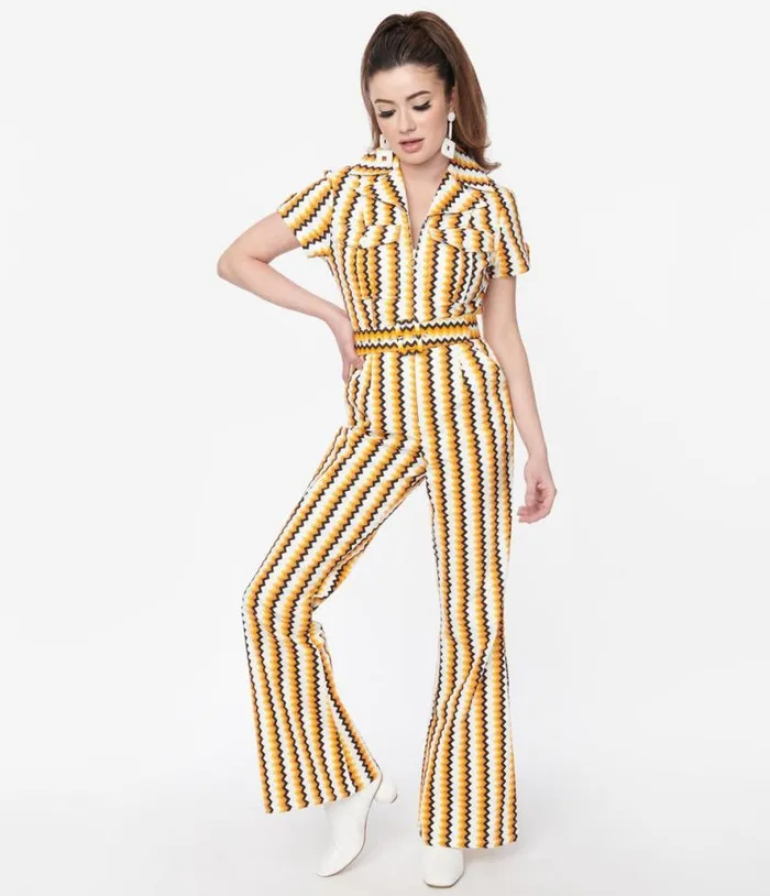 Smak Parlour 1970s Candy Corn Zig Zag Stripe Flare Jumpsuit DressesClothingHalloweenPlus Unique Vintage Pocket Dresses Smak Parlour 1970s Candy Corn Zig Zag Stripe Flare Jumpsuit DressesClothingHalloweenPlus Unique Vintage Pocket Dresses