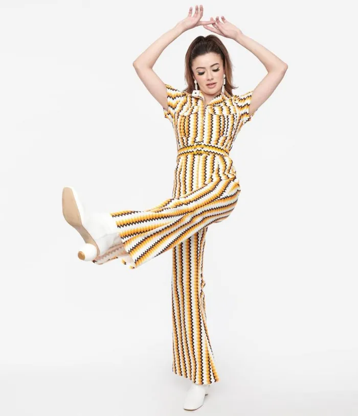 Smak Parlour 1970s Candy Corn Zig Zag Stripe Flare Jumpsuit DressesClothingHalloweenPlus Unique Vintage Pocket Dresses