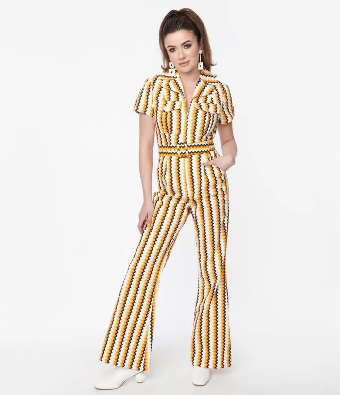 Smak Parlour 1970s Candy Corn Zig Zag Stripe Flare Jumpsuit DressesClothingHalloweenPlus Unique Vintage Pocket Dresses