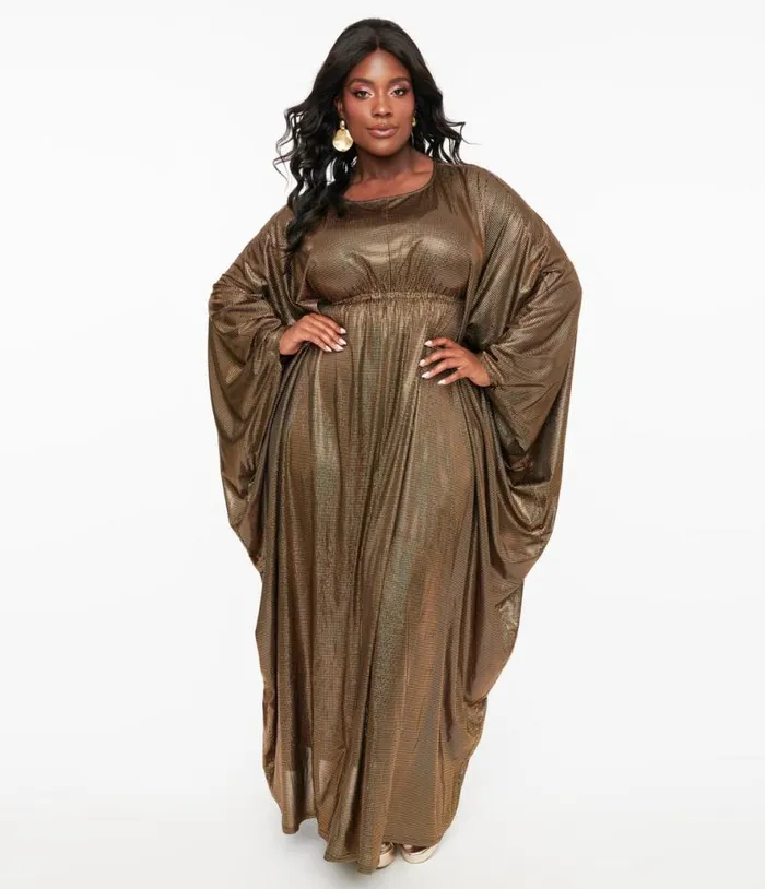 Smak Parlour 1970s Metallic Gold Batwing Caftan DressesPlus Unique Vintage Midi and Maxi Smak Parlour 1970s Metallic Gold Batwing Caftan DressesPlus Unique Vintage Midi and Maxi