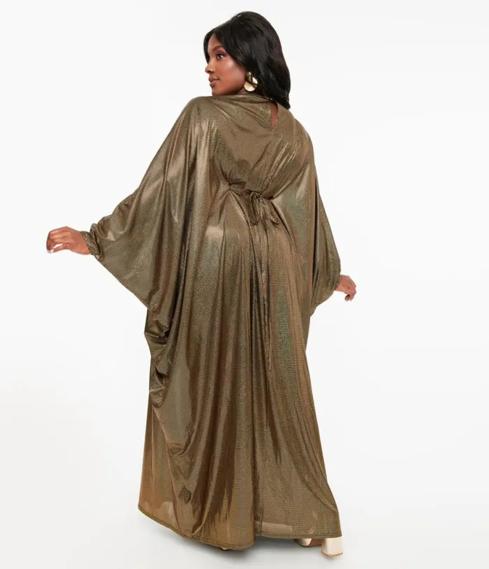 Smak Parlour 1970s Metallic Gold Batwing Caftan DressesPlus Unique Vintage Midi and Maxi