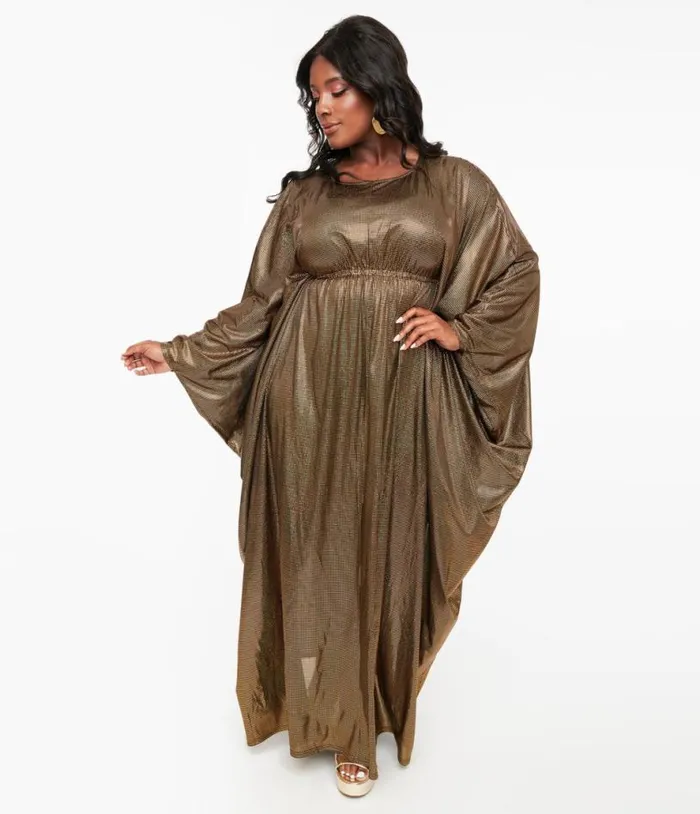 Smak Parlour 1970s Metallic Gold Batwing Caftan DressesPlus Unique Vintage Midi and Maxi
