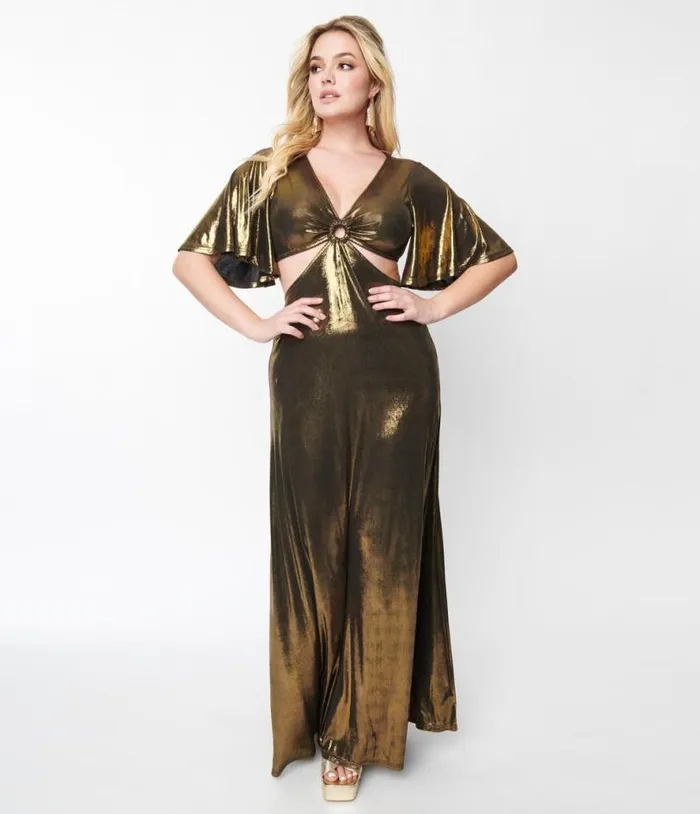 Smak Parlour 1970s Metallic Gold Knit Maxi Dress DressesPlus Unique Vintage Midi and Maxi Smak Parlour 1970s Metallic Gold Knit Maxi Dress DressesPlus Unique Vintage Midi and Maxi