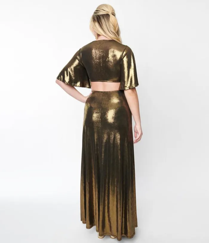 Smak Parlour 1970s Metallic Gold Knit Maxi Dress DressesPlus Unique Vintage Midi and Maxi
