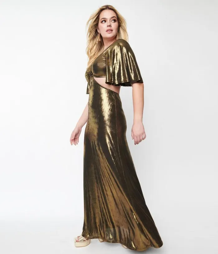 Smak Parlour 1970s Metallic Gold Knit Maxi Dress DressesPlus Unique Vintage Midi and Maxi