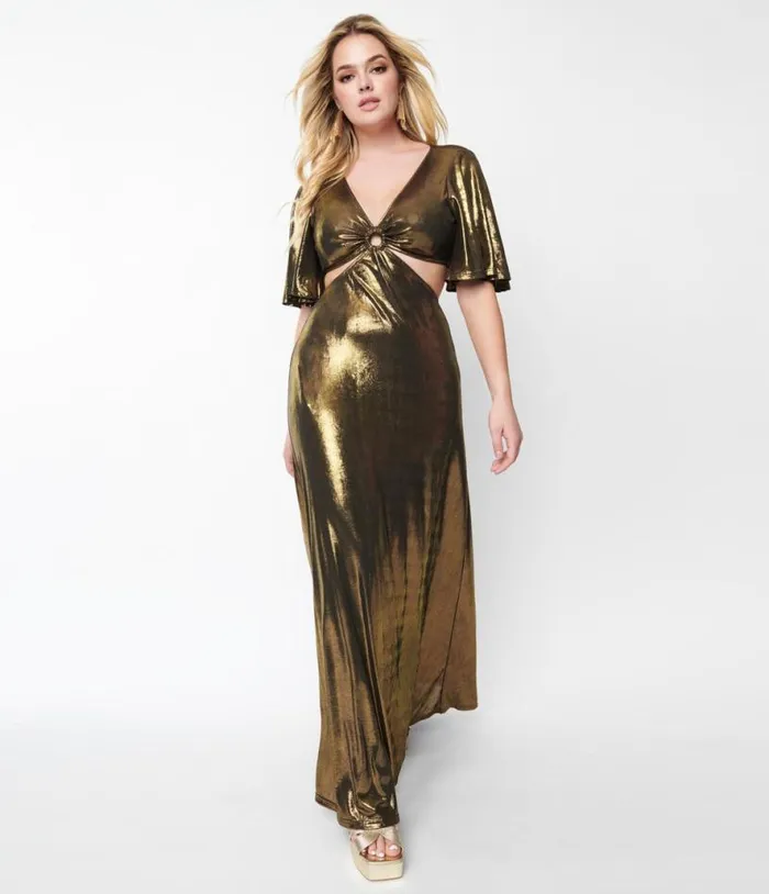Smak Parlour 1970s Metallic Gold Knit Maxi Dress DressesPlus Unique Vintage Midi and Maxi