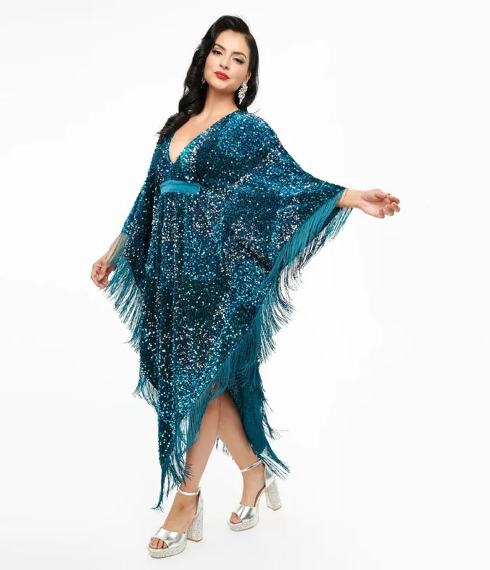 Smak Parlour 1970s Teal Sequin Fringe Caftan Dress DressesPlus Unique Vintage Midi and Maxi Smak Parlour 1970s Teal Sequin Fringe Caftan Dress DressesPlus Unique Vintage Midi and Maxi