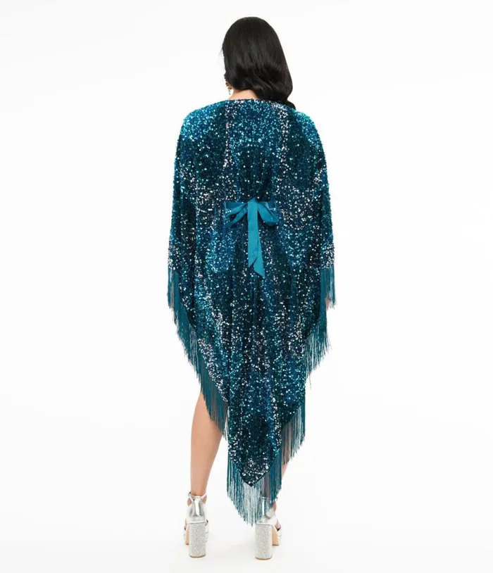 Smak Parlour 1970s Teal Sequin Fringe Caftan Dress DressesPlus Unique Vintage Midi and Maxi