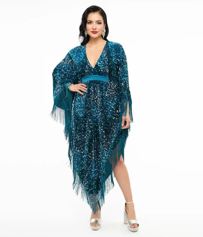 Smak Parlour 1970s Teal Sequin Fringe Caftan Dress DressesPlus Unique Vintage Midi and Maxi