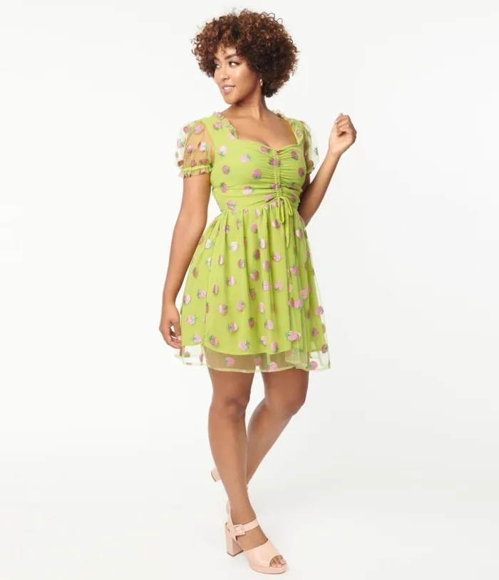 Smak Parlour Avocado and Pink Strawberry Print Woodstock Flare Dress DressesPlus Unique Vintage Babydoll Smak Parlour Avocado and Pink Strawberry Print Woodstock Flare Dress DressesPlus Unique Vintage Babydoll