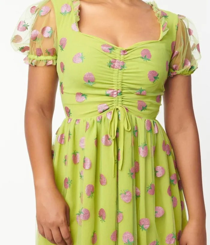 Smak Parlour Avocado and Pink Strawberry Print Woodstock Flare Dress DressesPlus Unique Vintage Babydoll