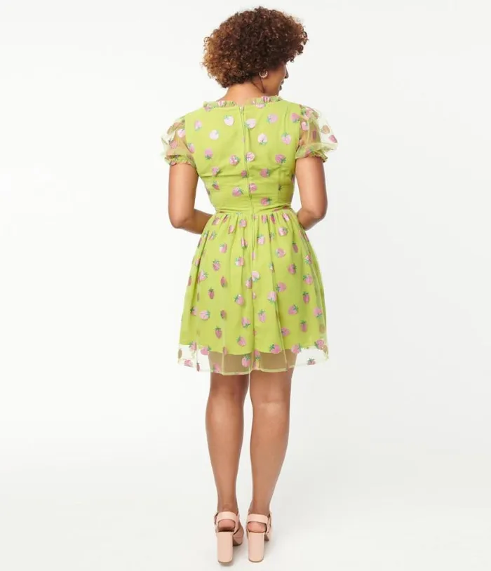 Smak Parlour Avocado and Pink Strawberry Print Woodstock Flare Dress DressesPlus Unique Vintage Babydoll