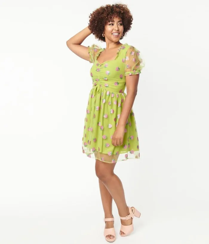 Smak Parlour Avocado and Pink Strawberry Print Woodstock Flare Dress DressesPlus Unique Vintage Babydoll