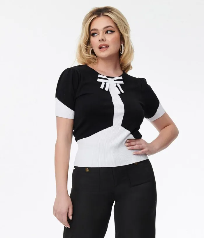 Smak Parlour Black and Ivory Bow Short Sleeve Sweater ClothingPlus Unique Vintage Sweaters and Cardigans