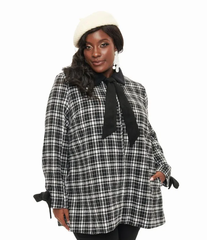 Smak Parlour Black and White Plaid Bows Topper Coat ClothingPlus Unique Vintage Jackets