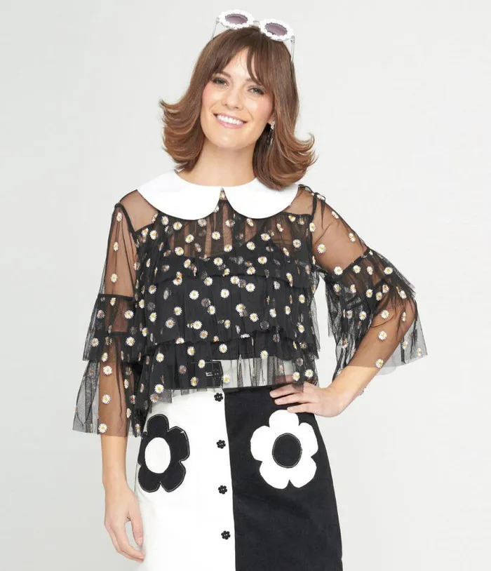 Smak Parlour Black Daisy Mesh Ruffle Top Clothing Unique Vintage Blouses