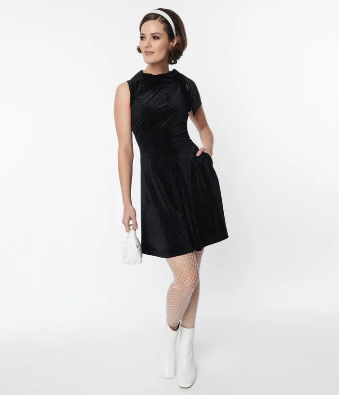 Smak Parlour Black Mock Neck Fit and Flare Dress DressesPlus Unique Vintage Pocket Dresses