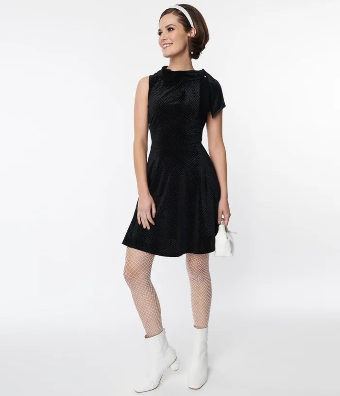 Smak Parlour Black Mock Neck Fit and Flare Dress DressesPlus Unique Vintage Pocket Dresses