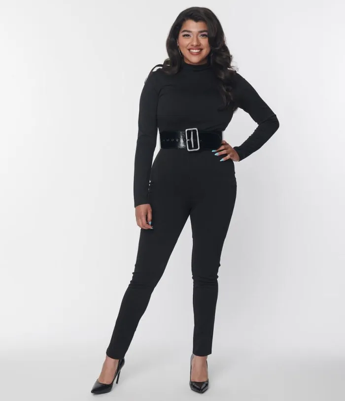 Smak Parlour Black Mock Neck Long Sleeve Jumpsuit ClothingPlus Unique Vintage Rompers and Jumpsuits