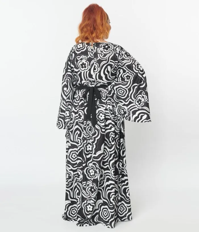 Smak Parlour Black Psychedelic Floral Belted Caftan DressesPlus Unique Vintage Caftans