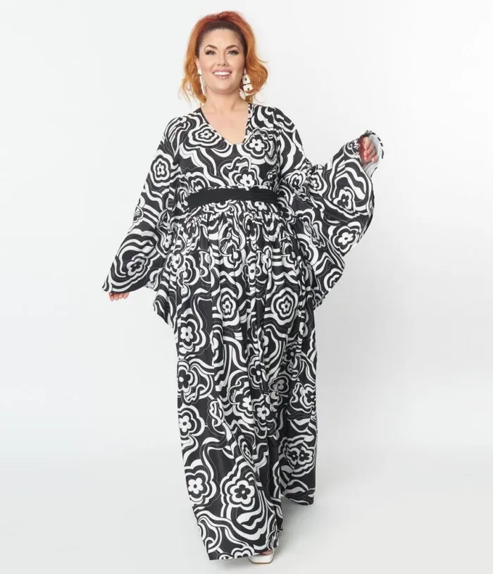Smak Parlour Black Psychedelic Floral Belted Caftan DressesPlus Unique Vintage Caftans