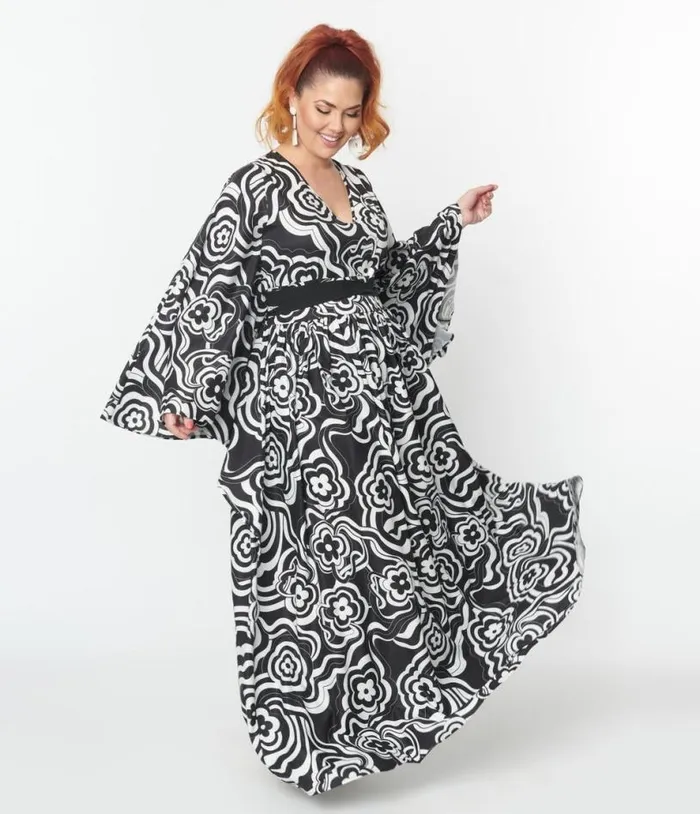 Smak Parlour Black Psychedelic Floral Belted Caftan DressesPlus Unique Vintage Caftans