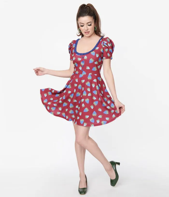 Smak Parlour Burgundy and Blue Strawberry Group Chat Flare Dress Dresses Unique Vintage Pocket Dresses Smak Parlour Burgundy and Blue Strawberry Group Chat Flare Dress Dresses Unique Vintage Pocket Dresses