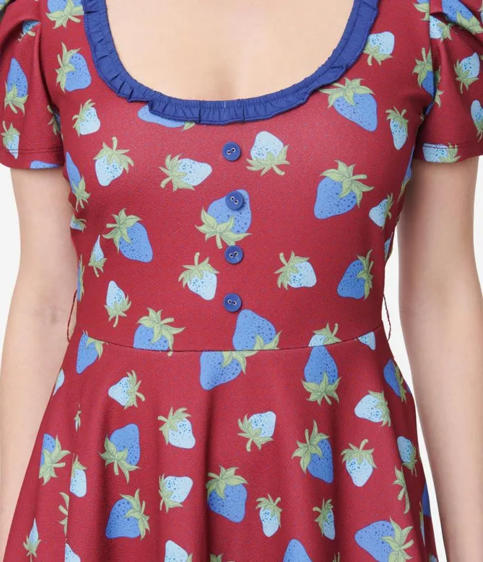 Smak Parlour Burgundy and Blue Strawberry Group Chat Flare Dress Dresses Unique Vintage Pocket Dresses