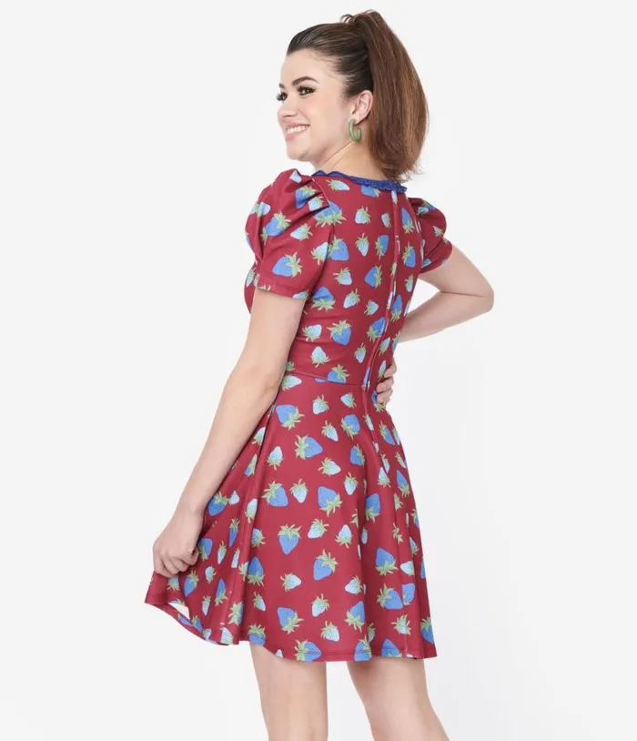 Smak Parlour Burgundy and Blue Strawberry Group Chat Flare Dress Dresses Unique Vintage Pocket Dresses