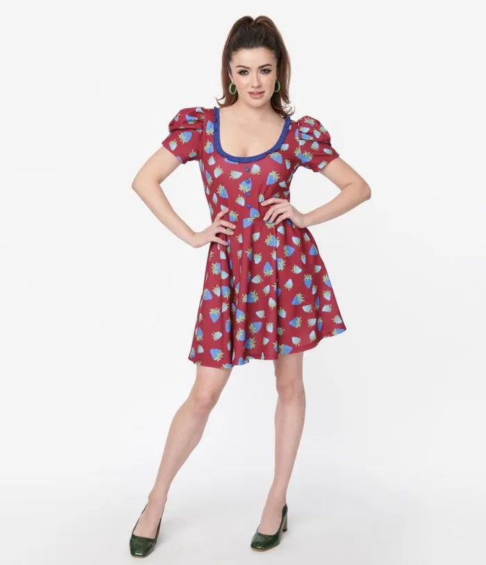 Smak Parlour Burgundy and Blue Strawberry Group Chat Flare Dress Dresses Unique Vintage Pocket Dresses