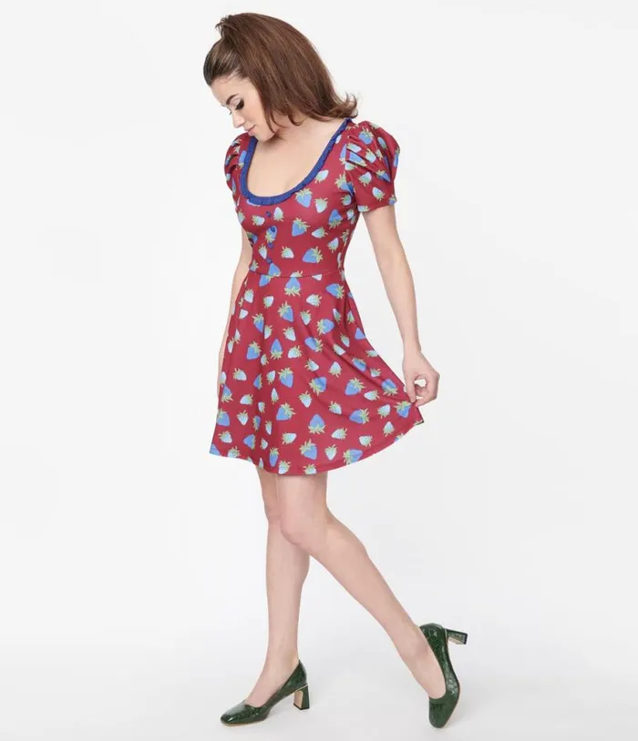Smak Parlour Burgundy and Blue Strawberry Group Chat Flare Dress Dresses Unique Vintage Pocket Dresses