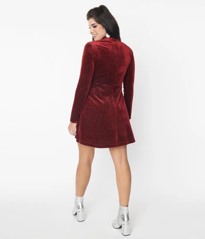 Smak Parlour Burgundy Sparkly Velvet Mock Turtleneck Fit and Flare Dress DressesPlus Unique Vintage Fit and Flare