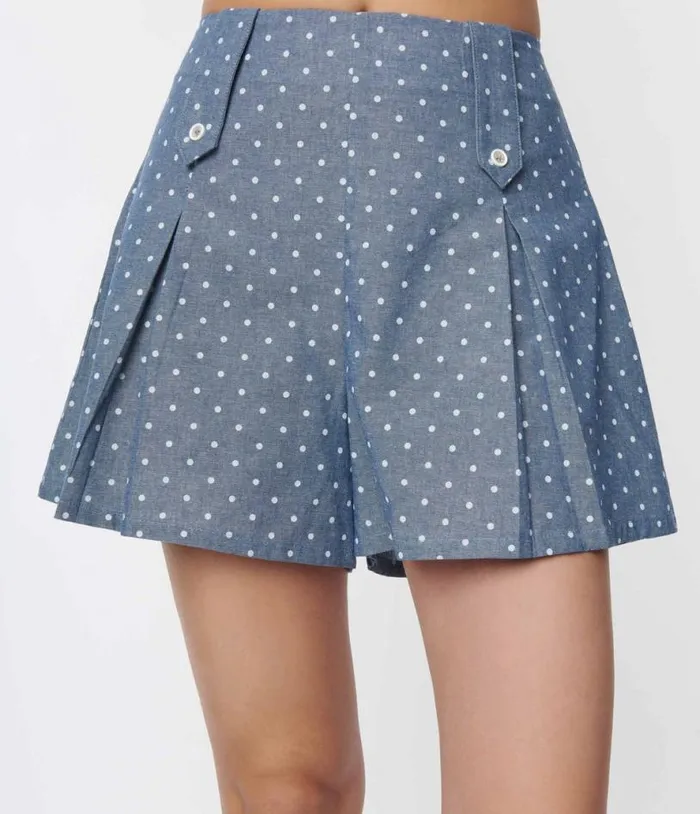 Smak Parlour Chambray and White Polka Dot Box Pleated Shorts ClothingPlus Unique Vintage Shorts