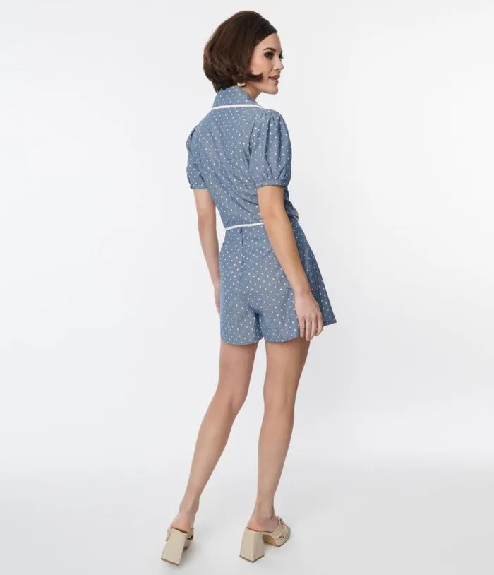Smak Parlour Chambray and White Polka Dot Box Pleated Shorts ClothingPlus Unique Vintage Shorts