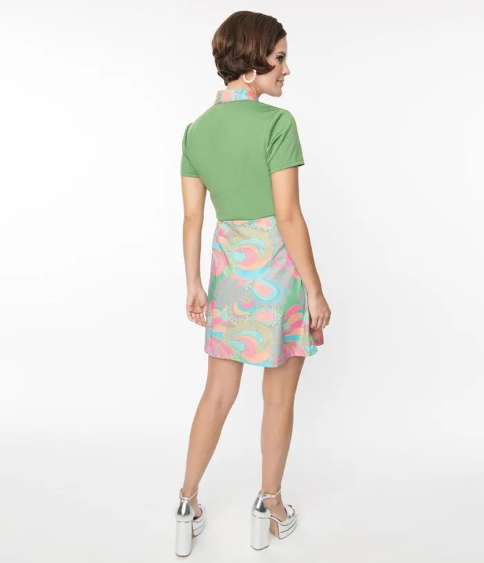 Smak Parlour Green and Pink Paisley Mini Dress Dresses Unique Vintage Pocket Dresses