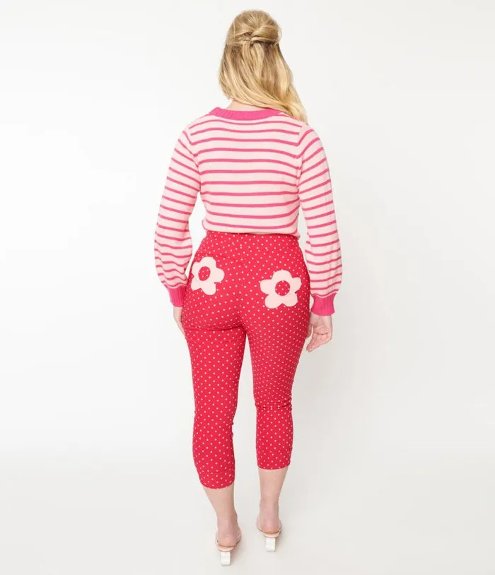 Smak Parlour Hot Pink Pin Dot Daisy Pocket Smarty Pants Capri Clothing Unique Vintage Pants